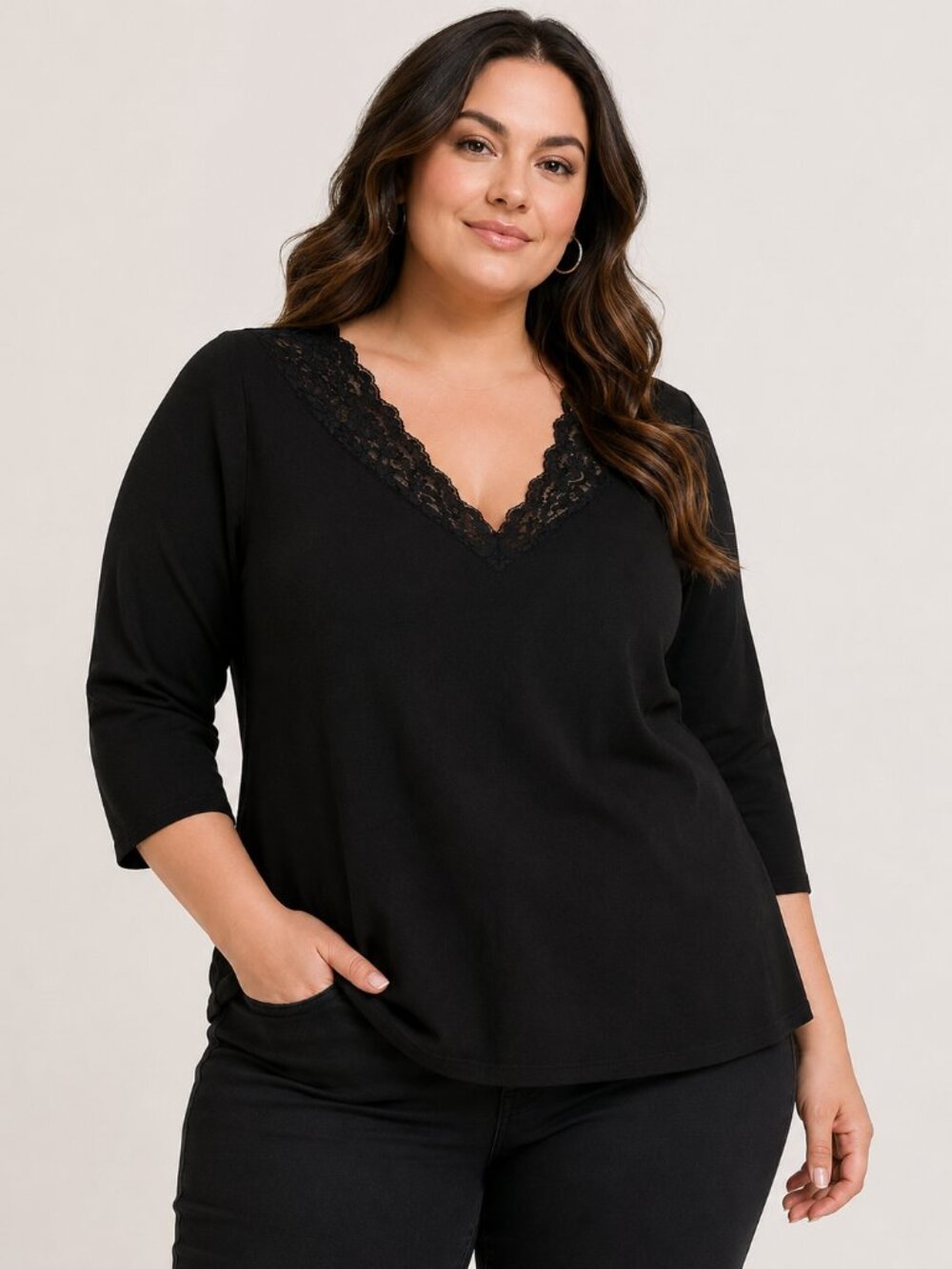 Torrid Black Lace Trim V-Neck Top Size 3 Plus Size 3/4 Sleeve Stretch Blouse